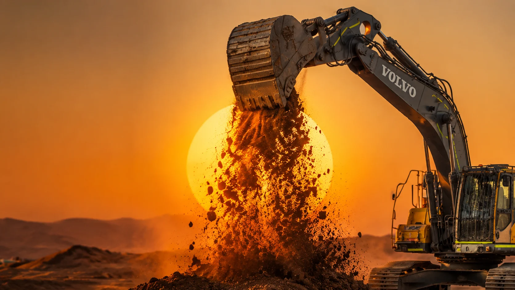 Excavadora Volvo descargando material al atardecer